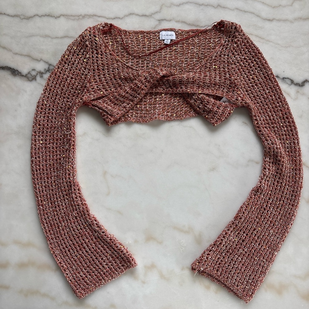 LA Hearts Isla Sparkle Twist Shrug Mauve Pink Metallic Crochet Bolero PacSun XS